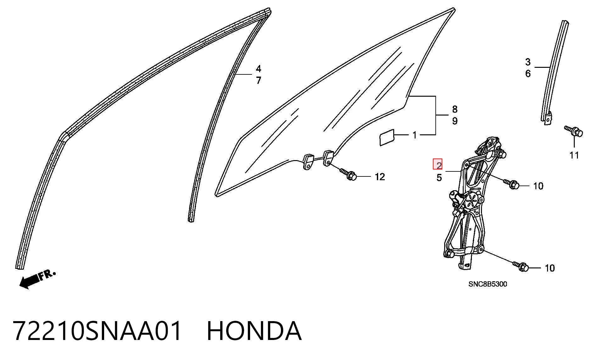 72210SNAA01 Honda Mecanismo levanta, puerta delantera derecha