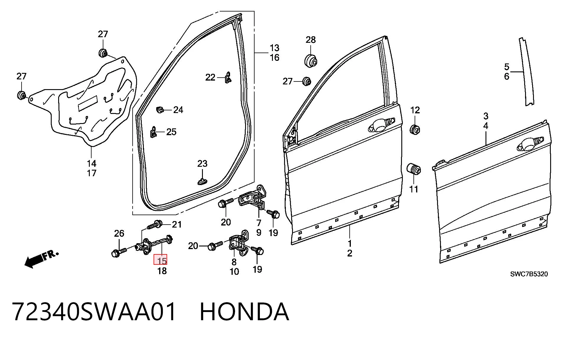 72340SWAA01 Honda Limitador de apertura de puerta delantera derecha