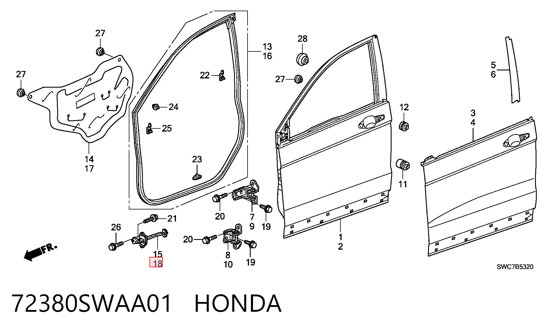 72380SWAA01 Honda Limitador de apertura de puerta delantera izquierda