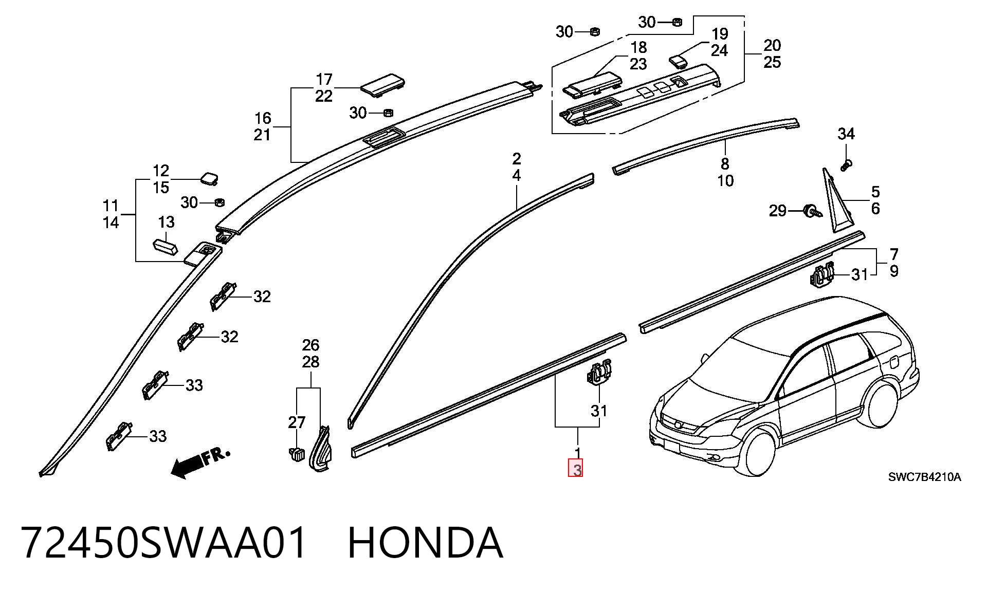 72450SWAA01 Honda Moldura de cristal de la puerta delantera izquierda
