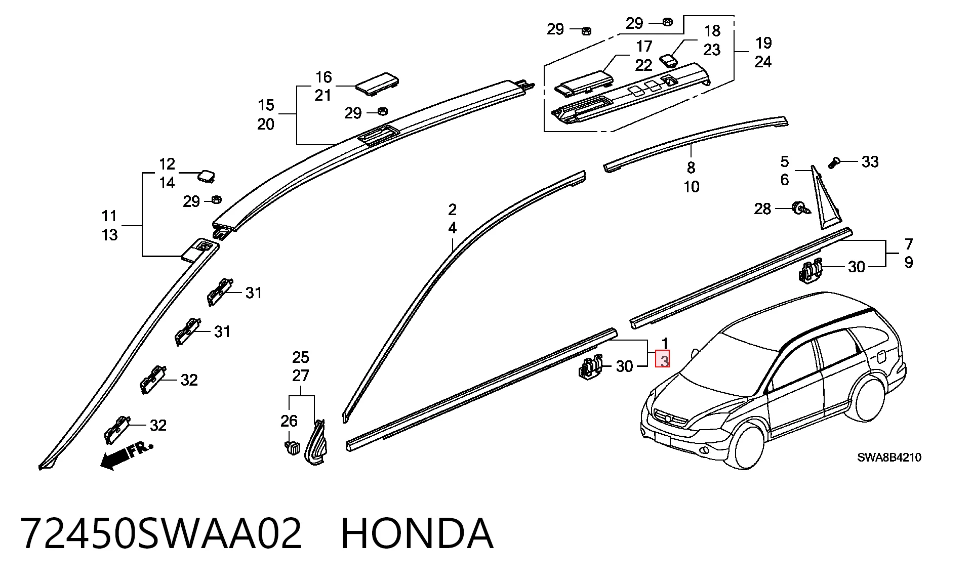 72450SWAA02 Honda Moldura de cristal de la puerta delantera izquierda