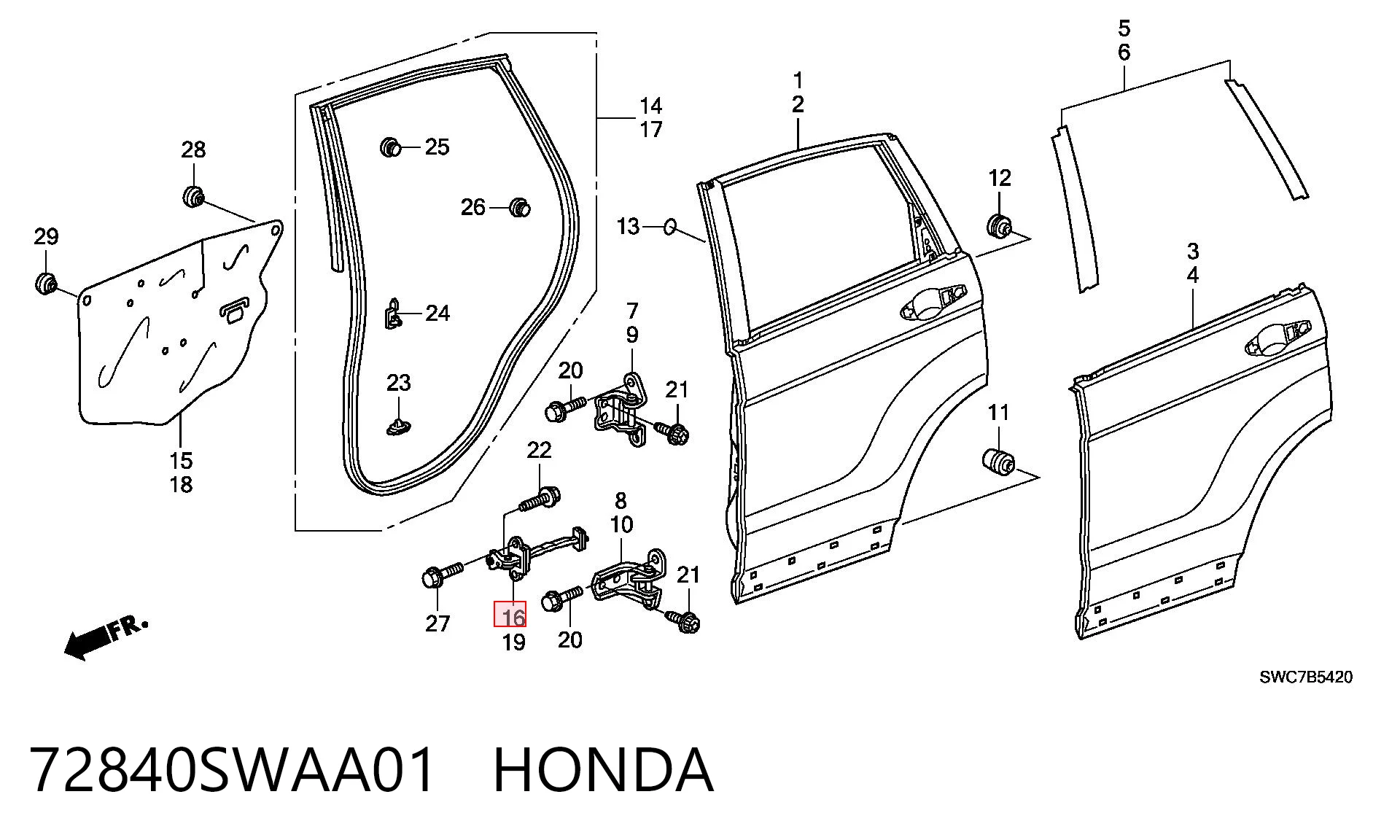 72840SWAA01 Honda Limitador de apertura de puerta trasera derecha