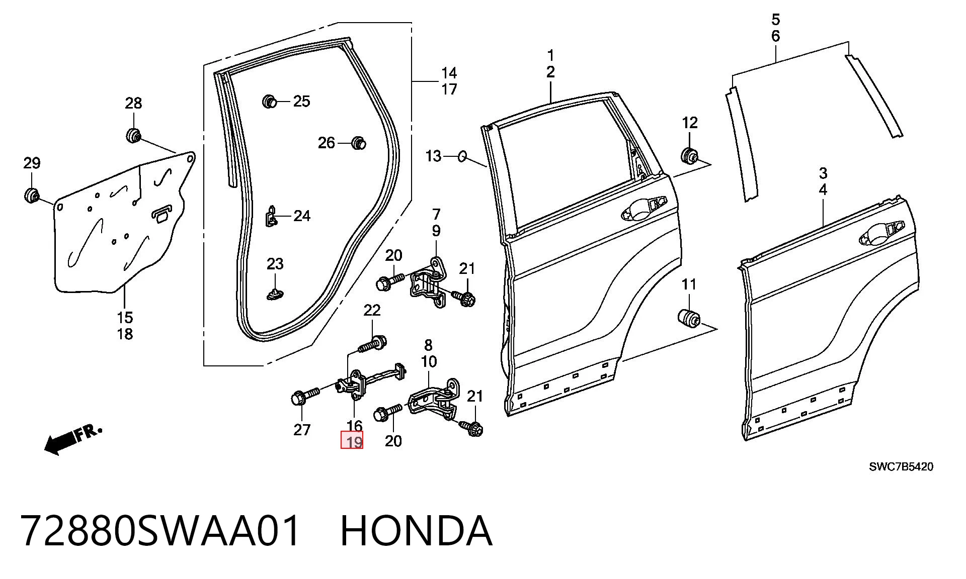 72880SWAA01 Honda Limitador de apertura de puerta trasera izquierda
