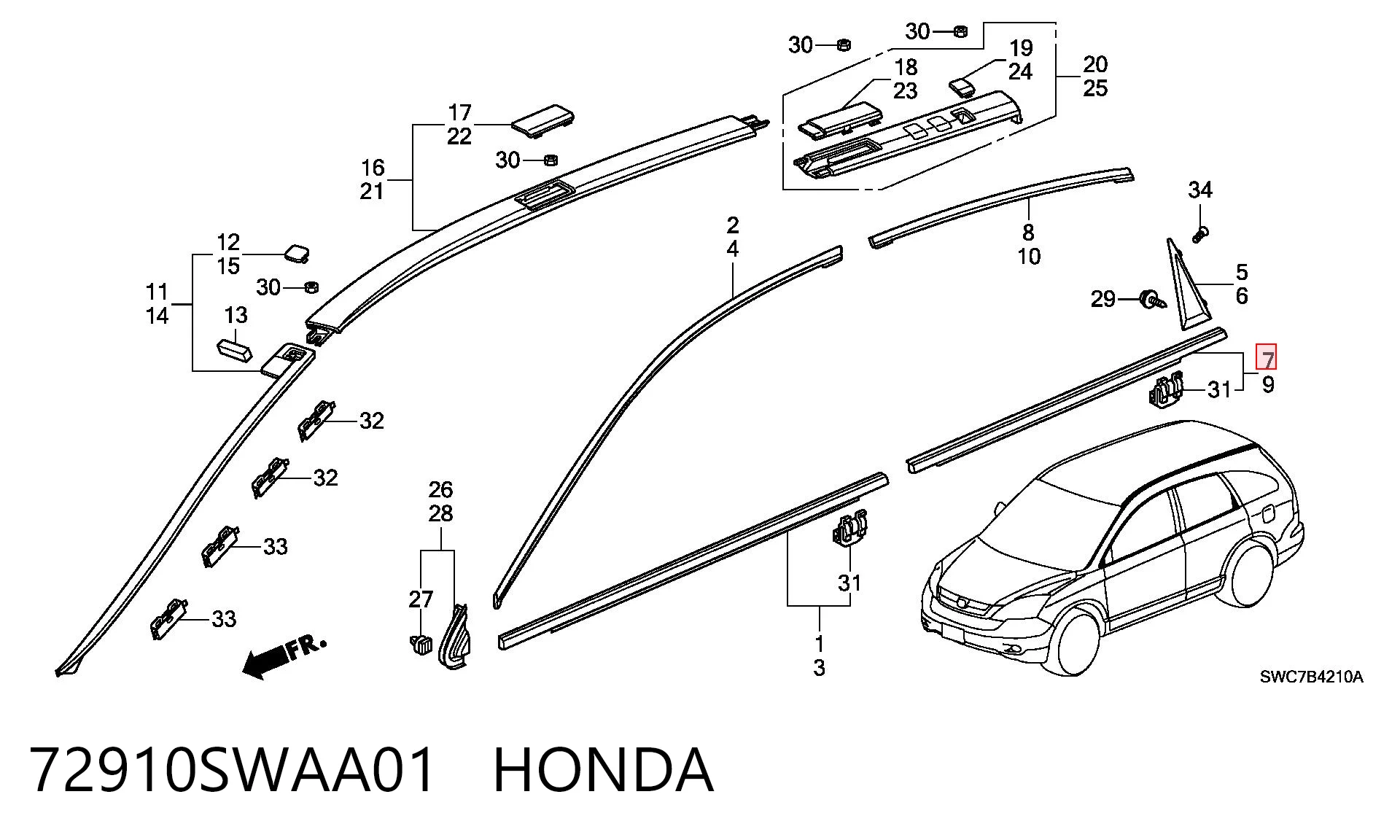 72910SWAA01 Honda Moldura de cristal de la puerta trasera derecha