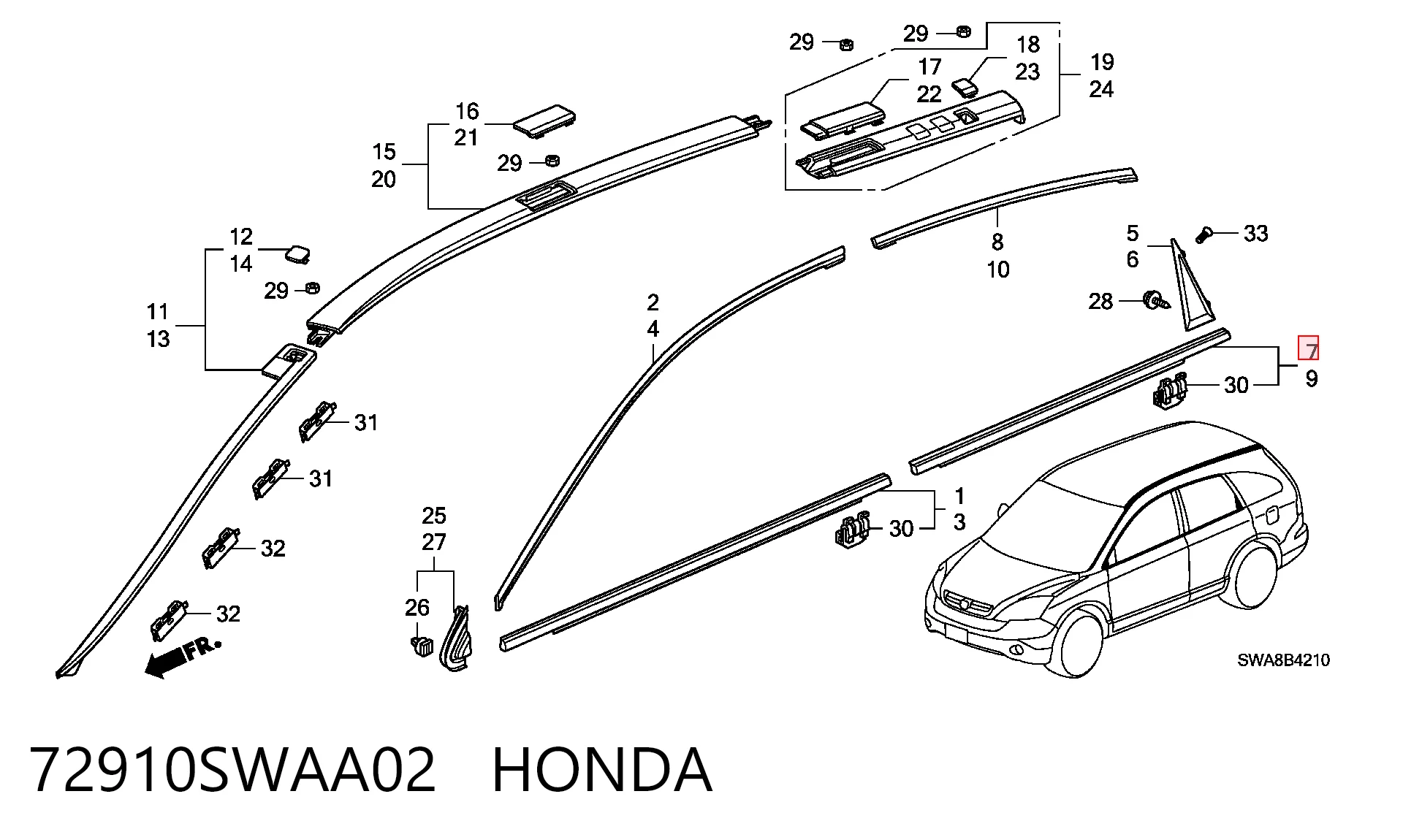 72910SWAA02 Honda Moldura de cristal de la puerta trasera derecha