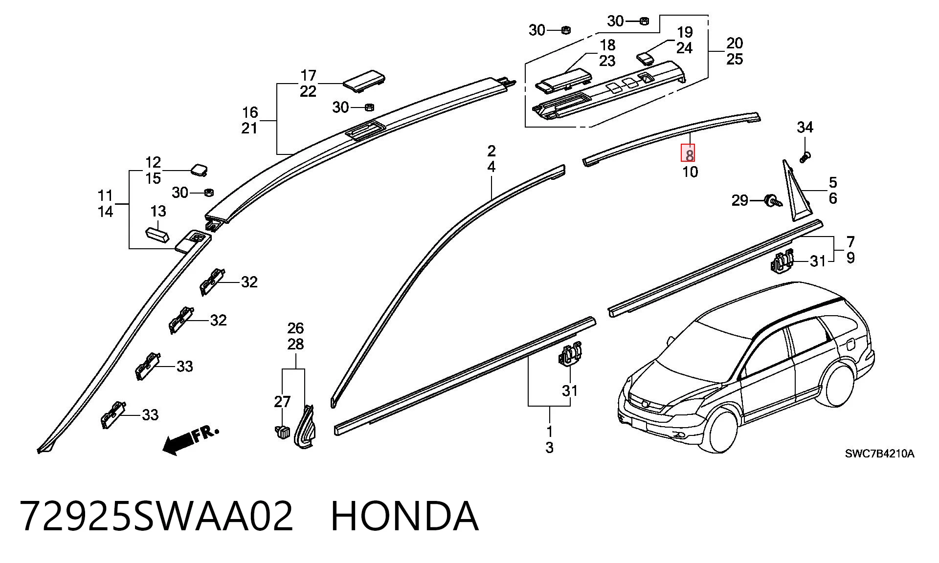 72925SWAA02 Honda Moldura superior de puerta trasera derecha