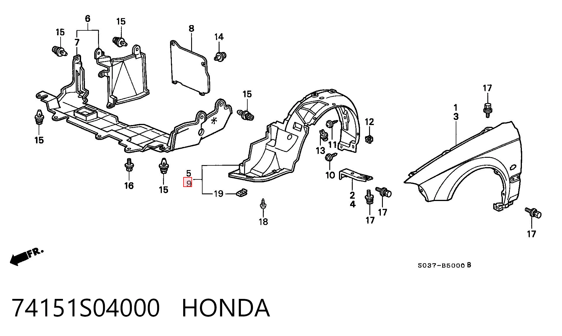 74151S04000 Honda Guardalodos interior izquierdo, guardafango delantero