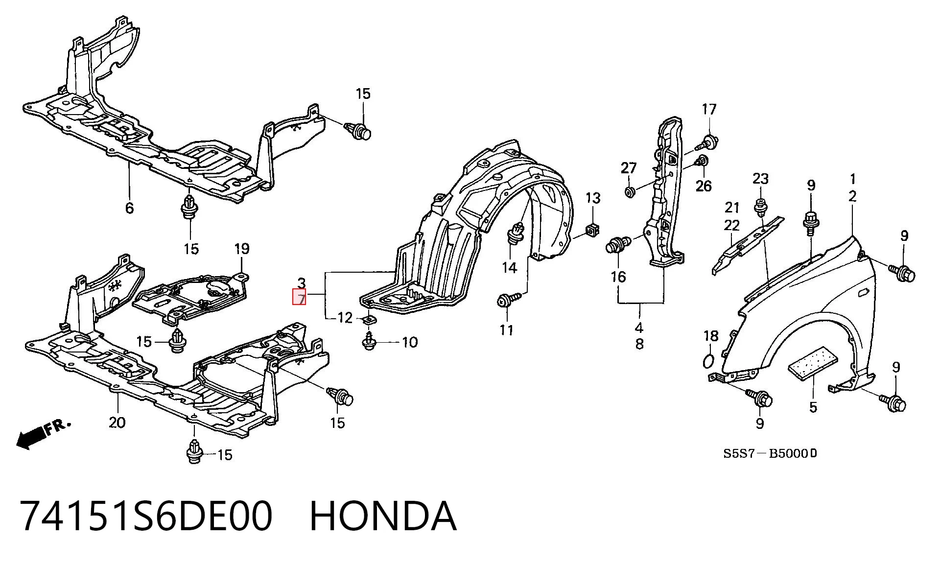 74151S6DE00 Honda Guardalodos interior izquierdo, guardafango delantero