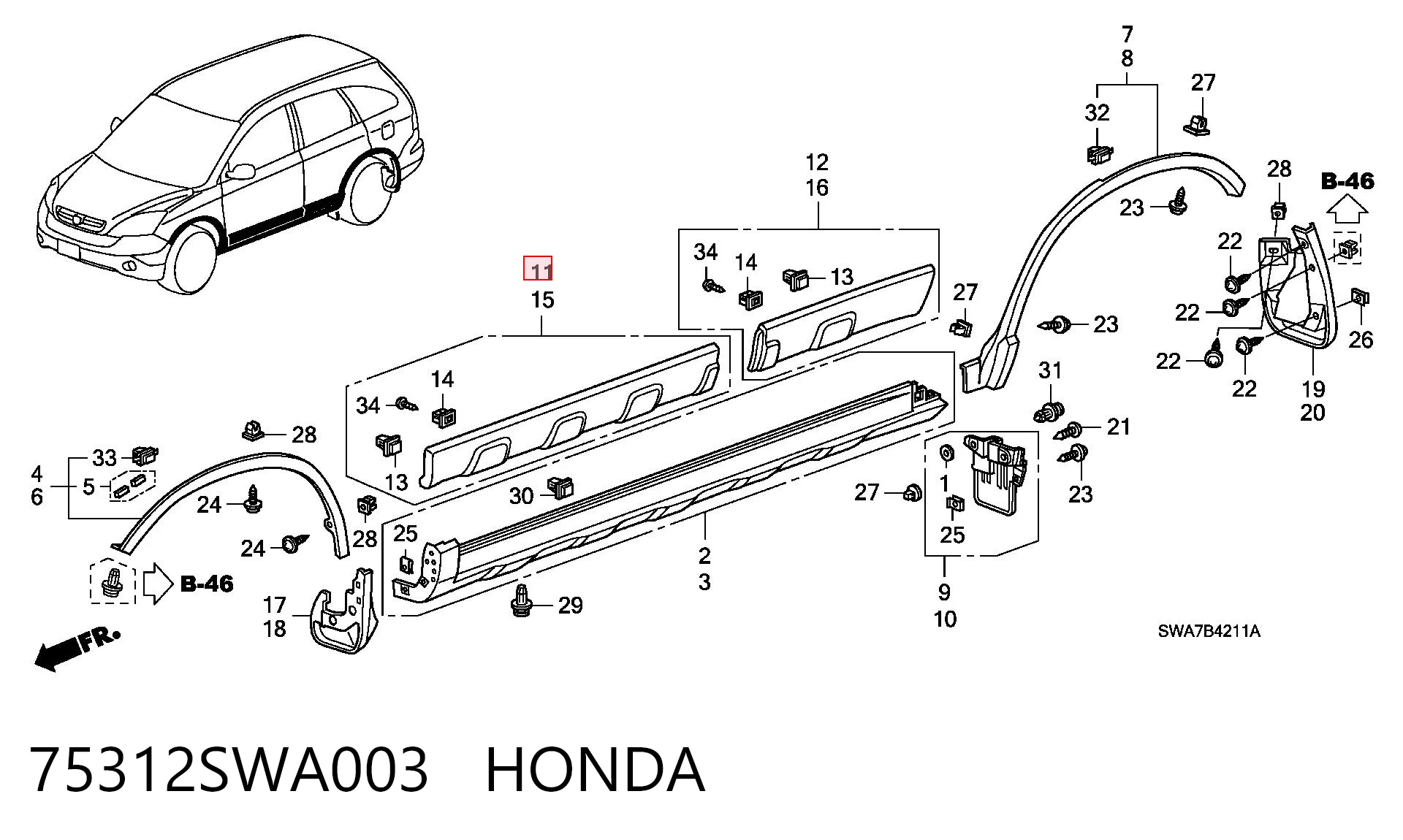 75312SWA003 Honda Moldura de la puerta delantera derecha