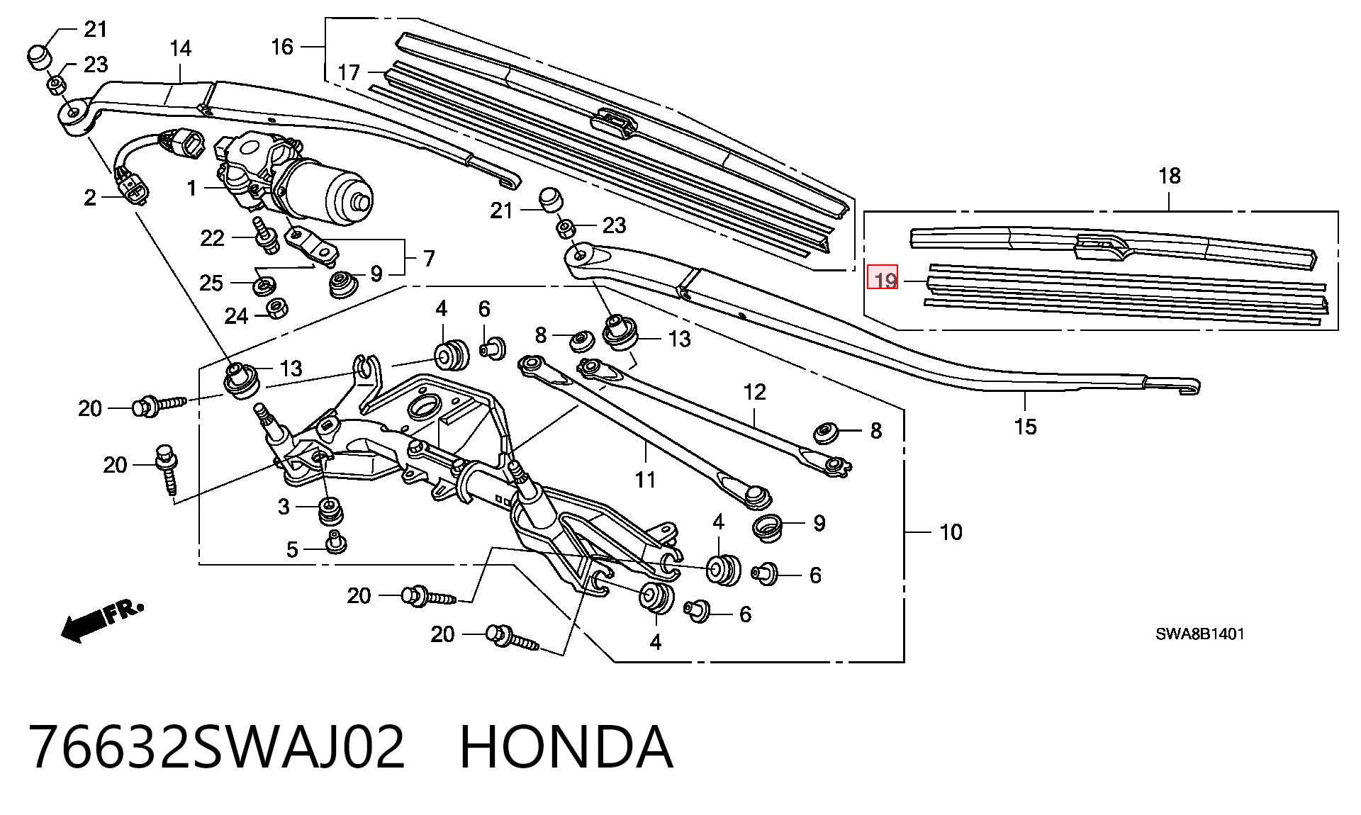 76632SWAJ02 Honda Goma del limpiaparabrisas lado pasajero