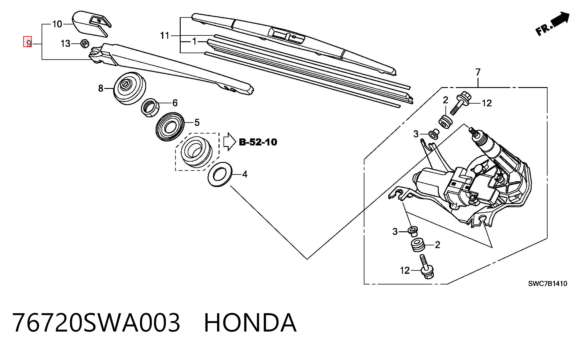 76720SWA003 Honda Brazo del limpiaparabrisas, luna trasera