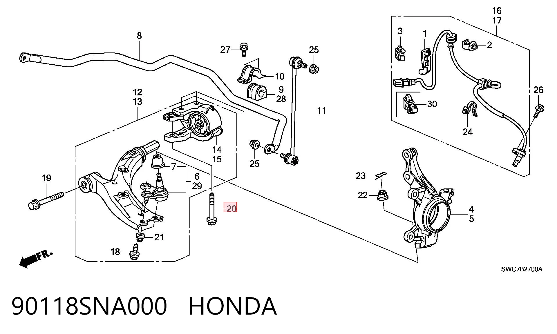 90118SNA000 Honda Perno de fijación del brazo inferior delantero