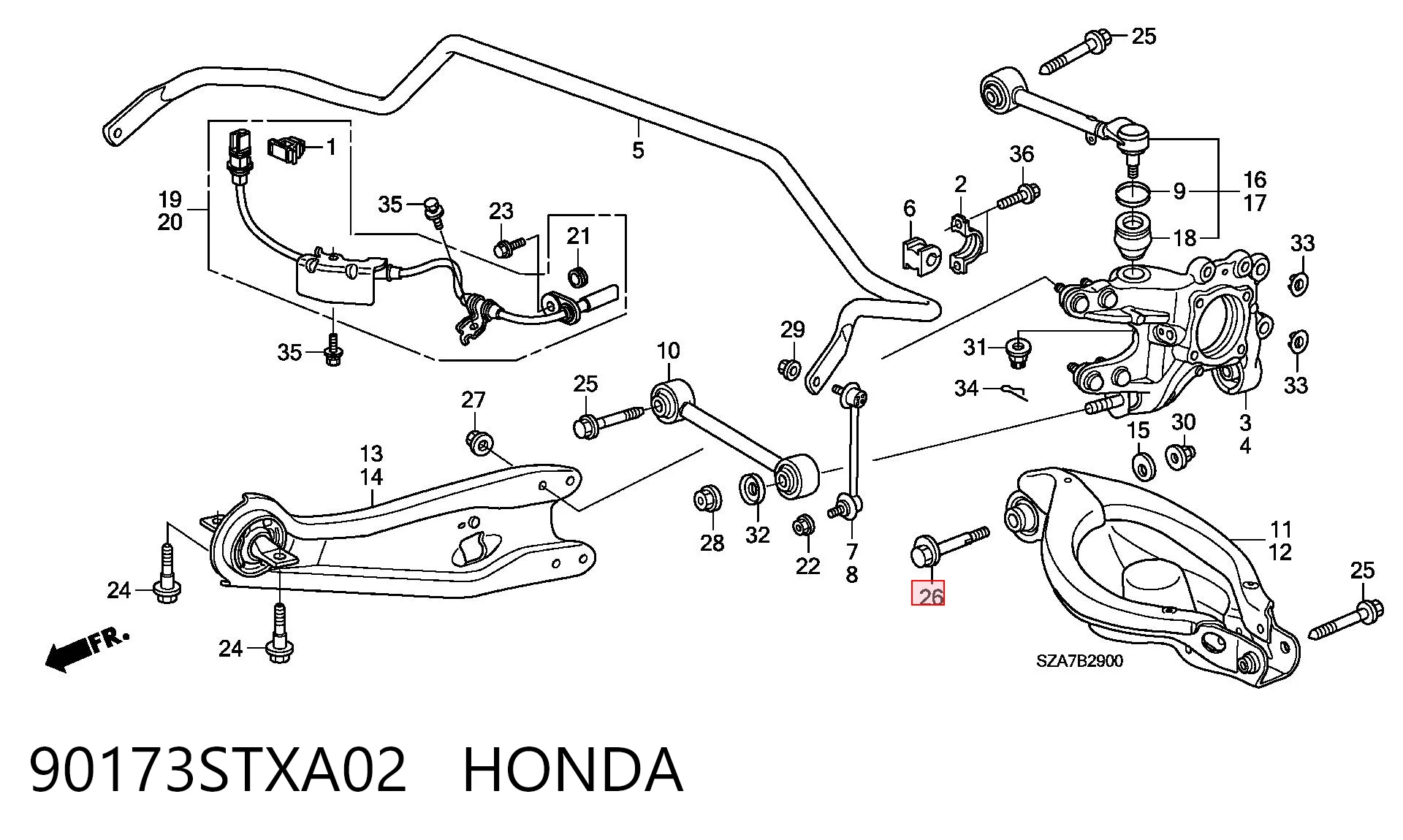 90173STXA02 Honda Perno interior del brazo de caída trasero