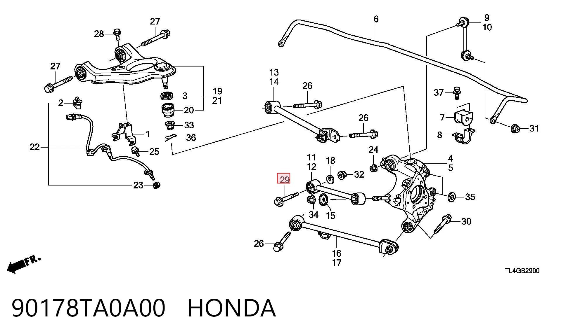 90178TA0A00 Honda Perno interior del brazo de caída trasero