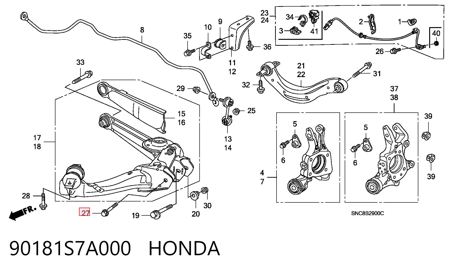 90181S7A000 Honda Perno de fijación del brazo inferior trasero exterior