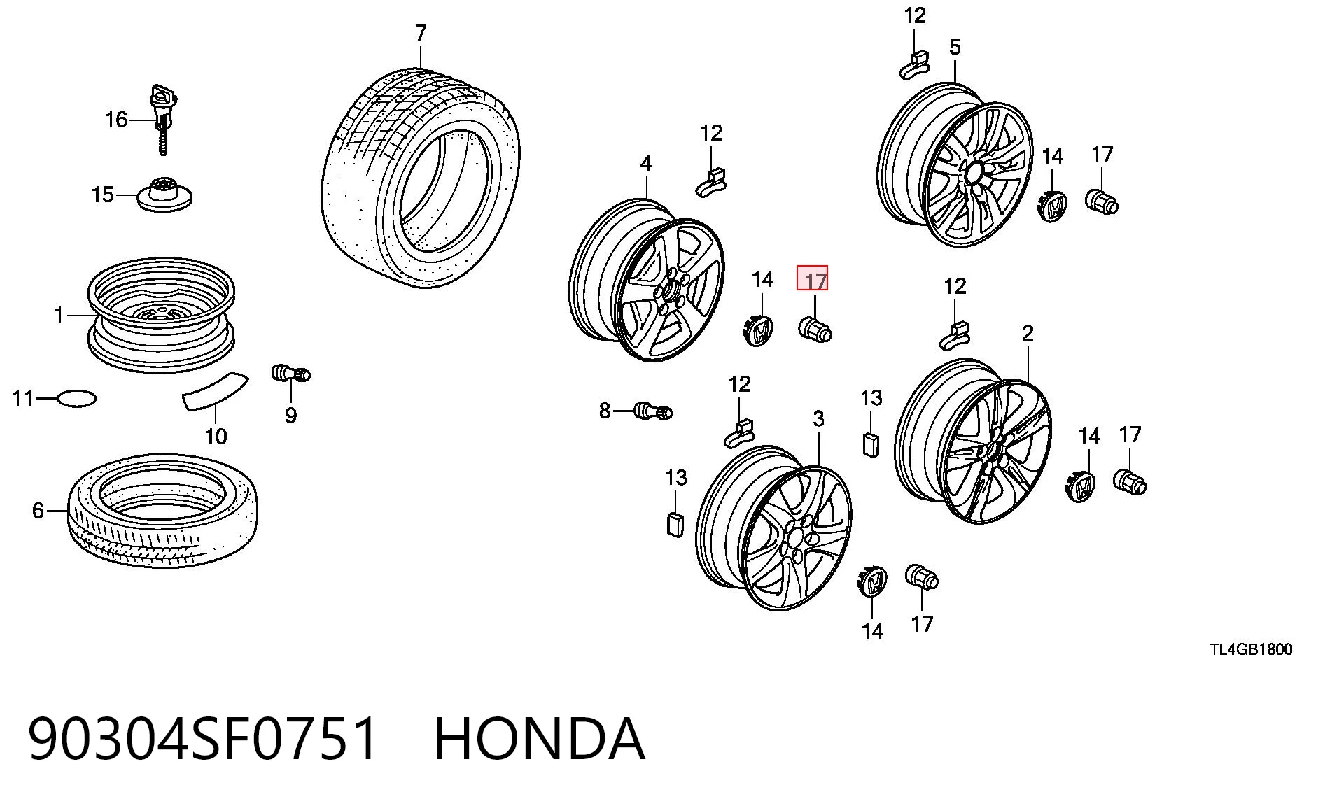 90304SF0751 Honda Perno de rueda