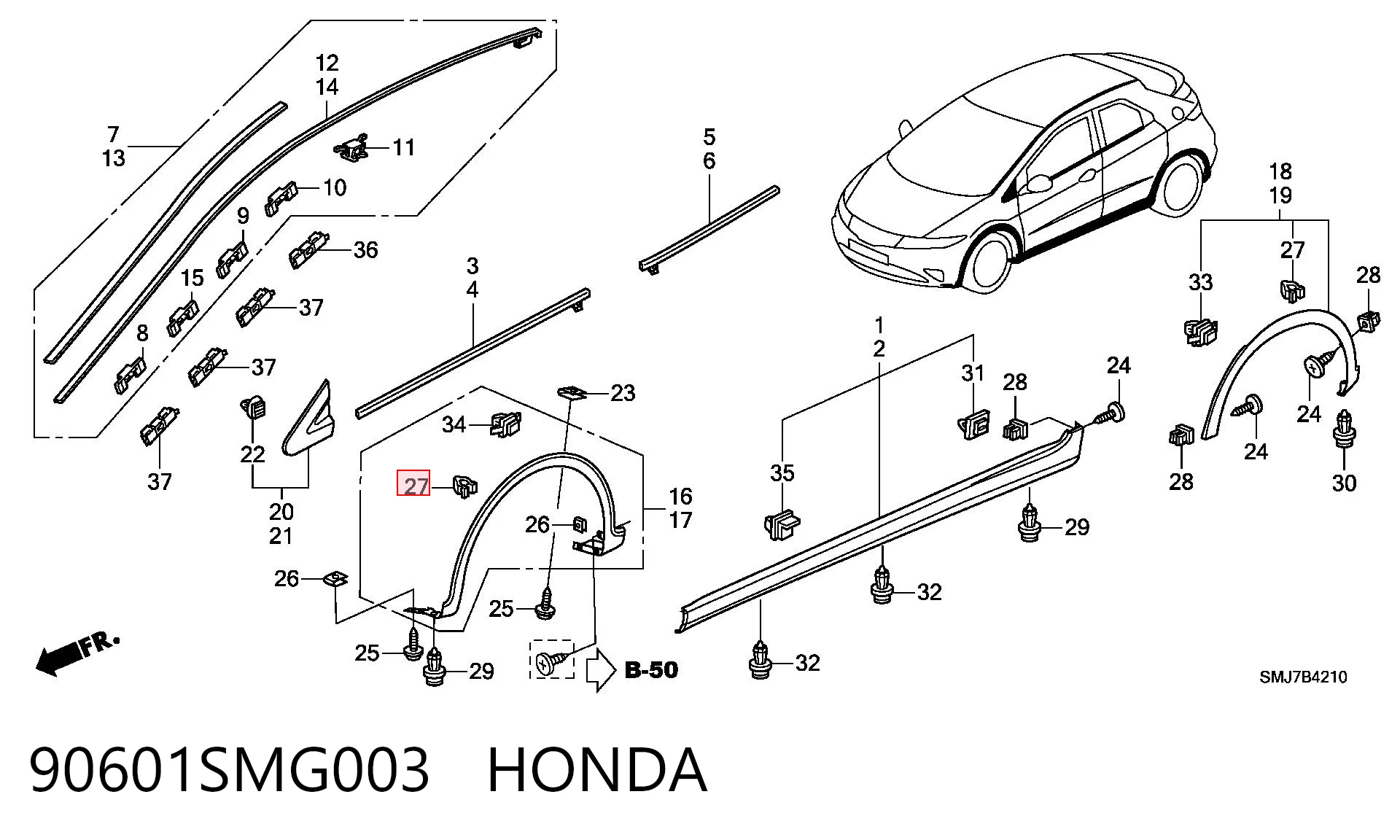 90601SMG003 Honda Clip de moldura de guardabarros