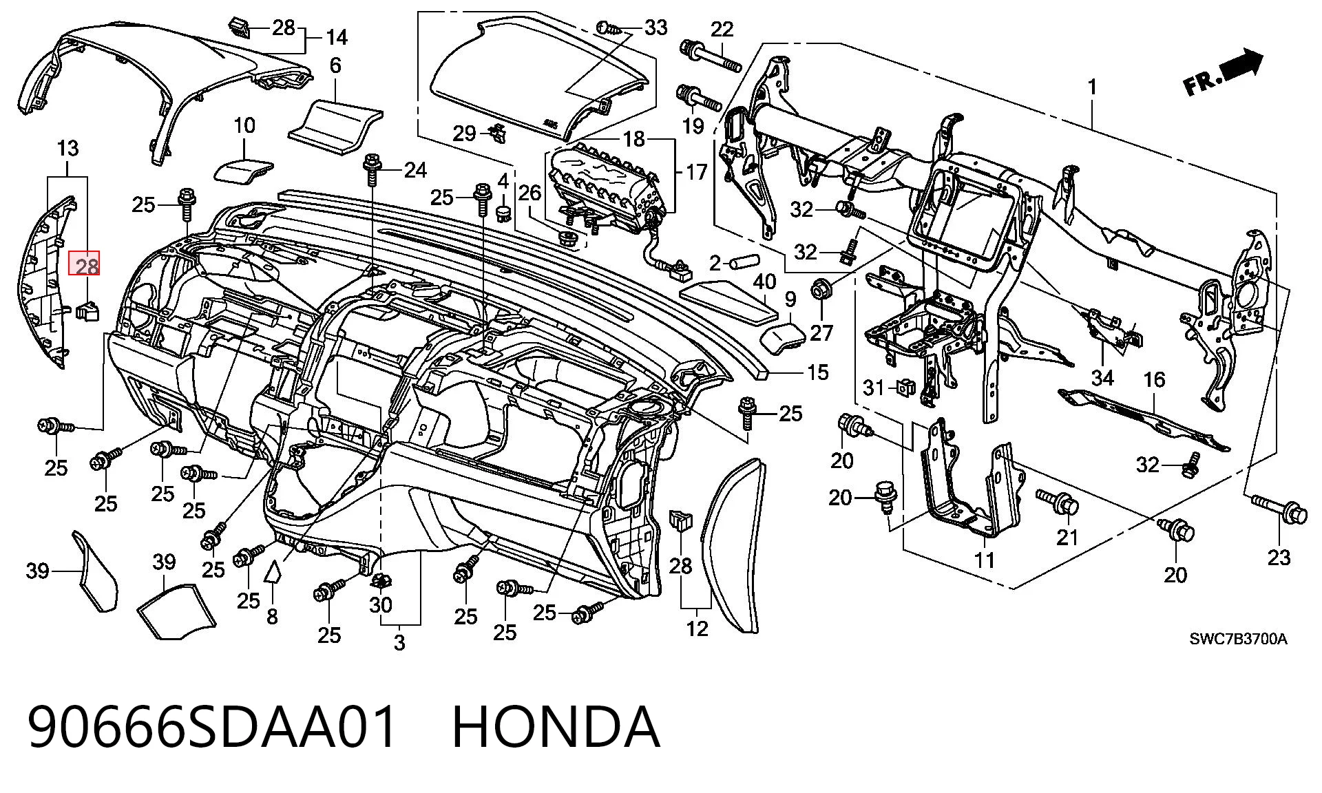 90666SDAA01 Honda Clip de fijación del guardabarros delantero