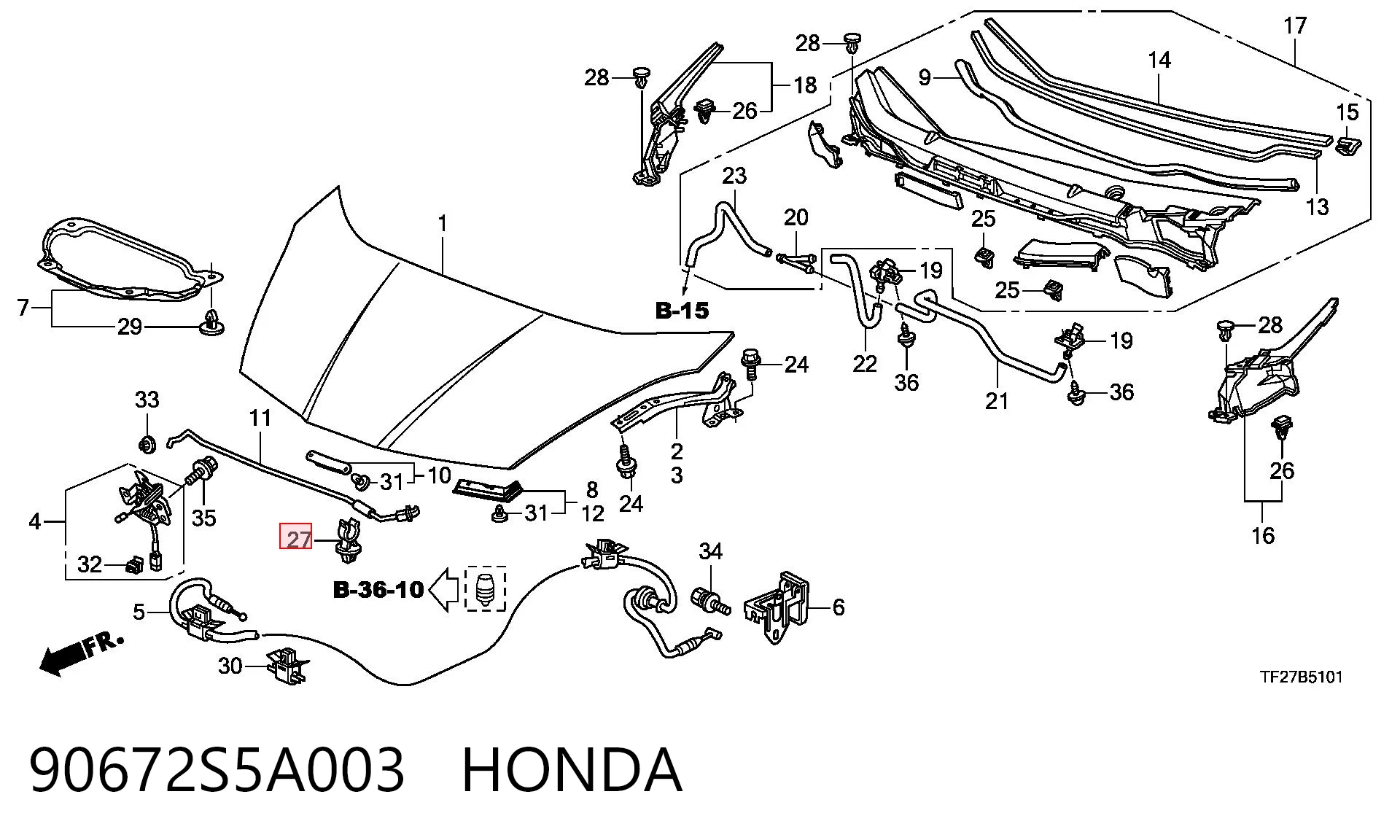 90672S5A003 Honda Fijador del soporte del capó