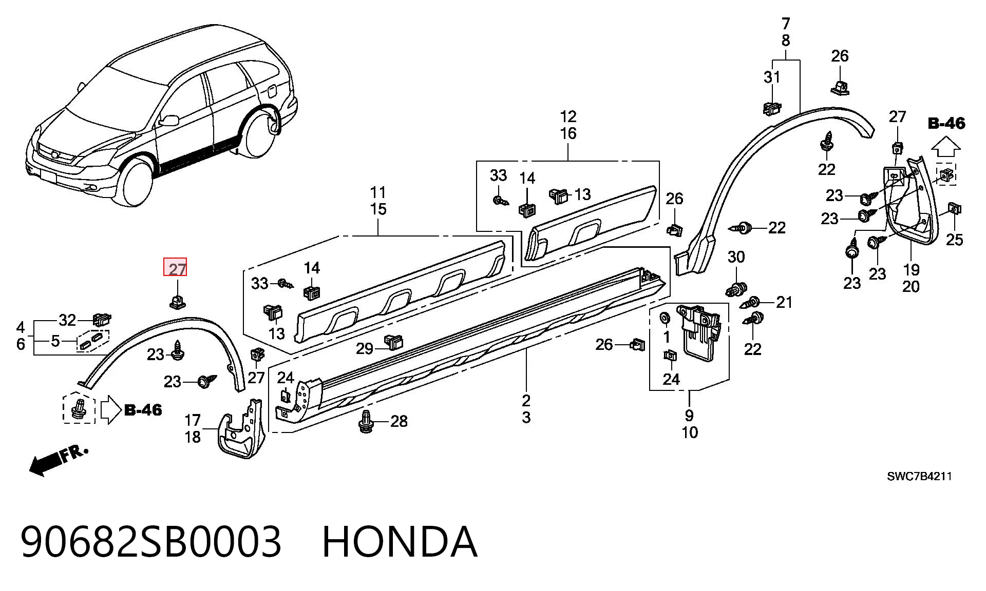 90682SB0003 Honda Clip de fijación del guardabarros delantero