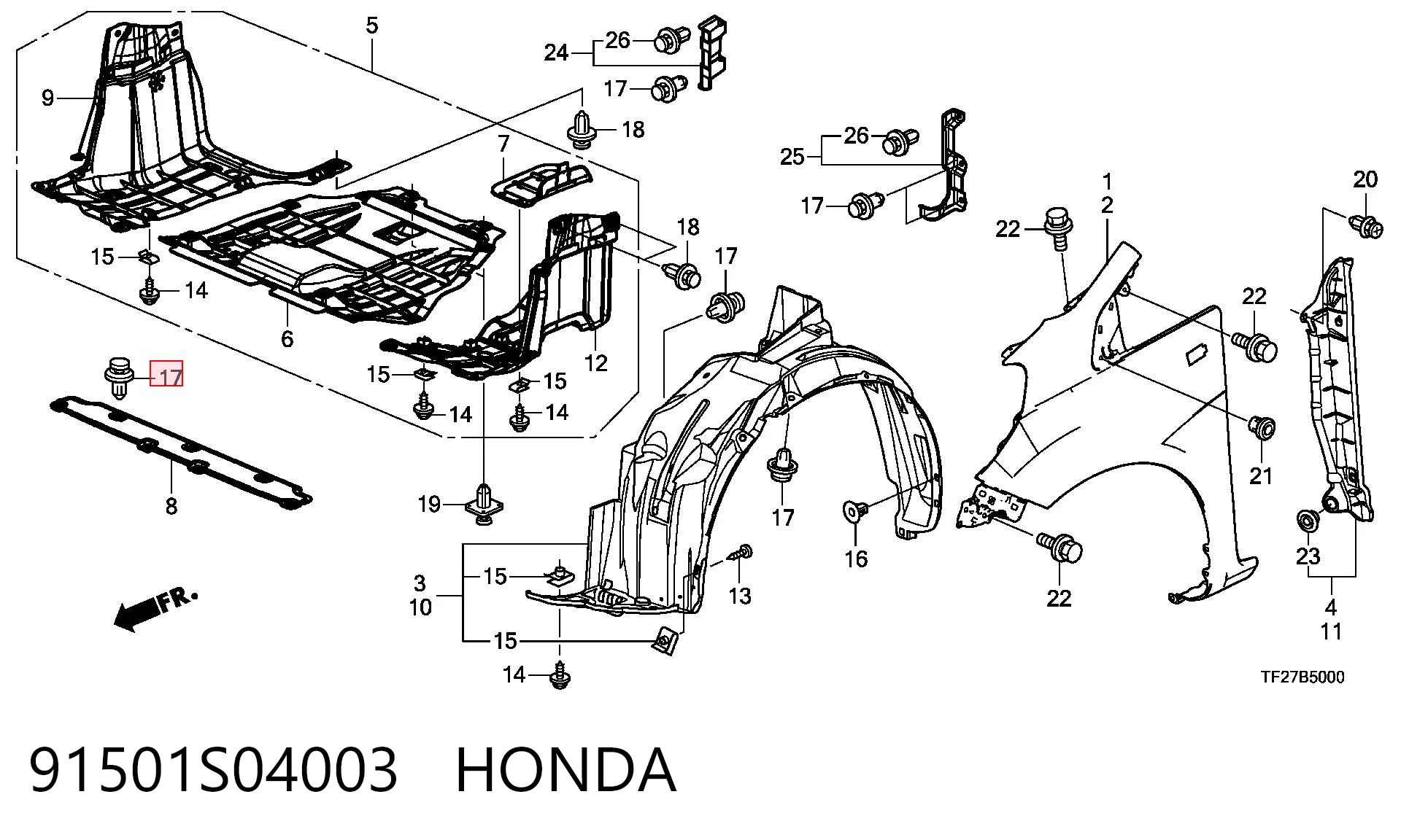 91501S04003 Honda Clip de fijación del guardabarros delantero