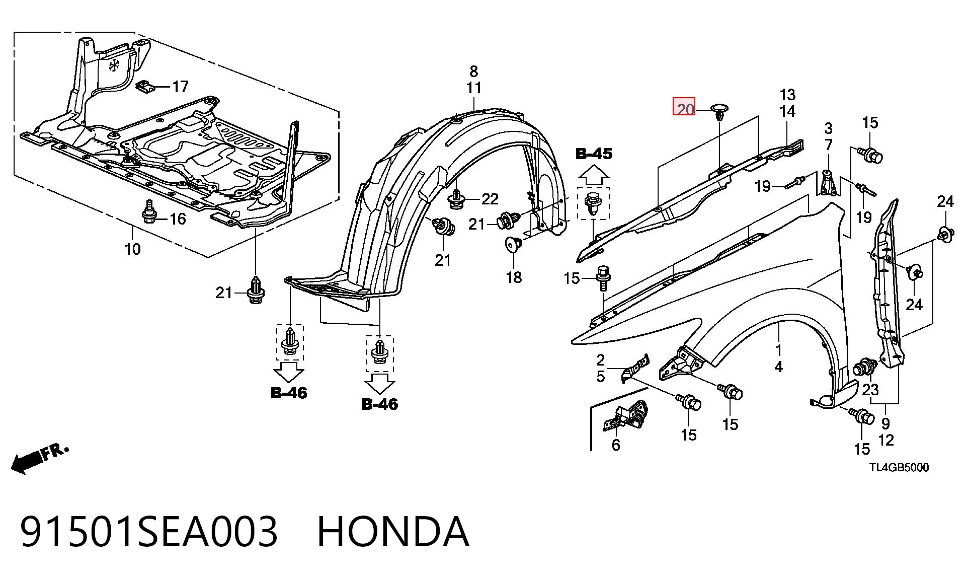 91501SEA003 Honda Clip de fijación del guardabarros delantero