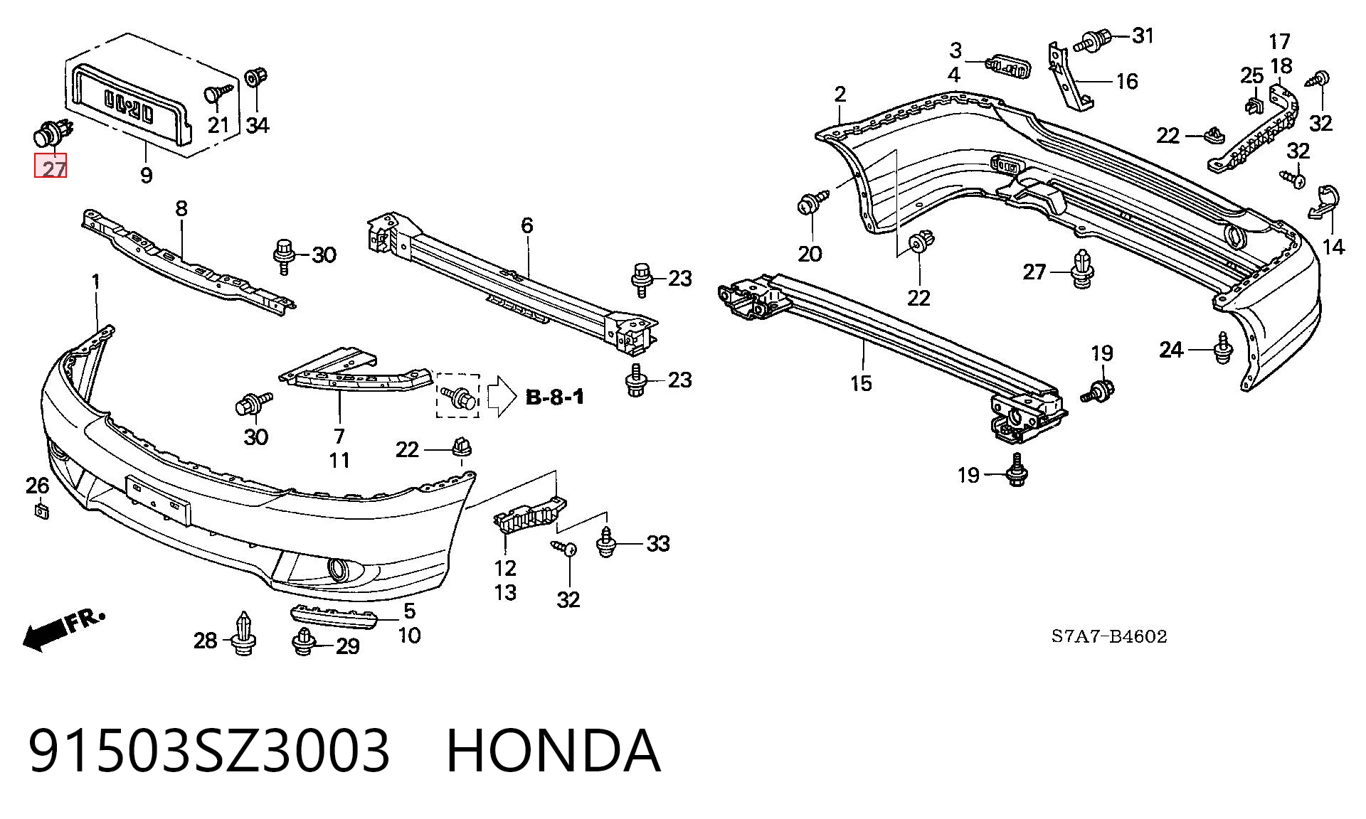 91503SZ3003 Honda Clip de fijación de parachoques trasero
