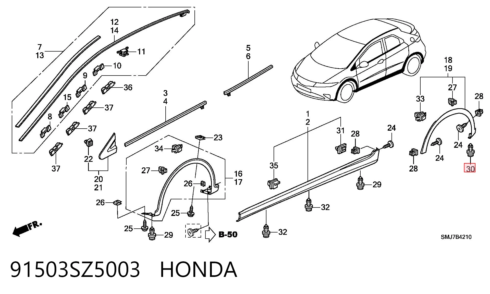 91503SZ5003 Honda Clips de montaje parachoques delantero