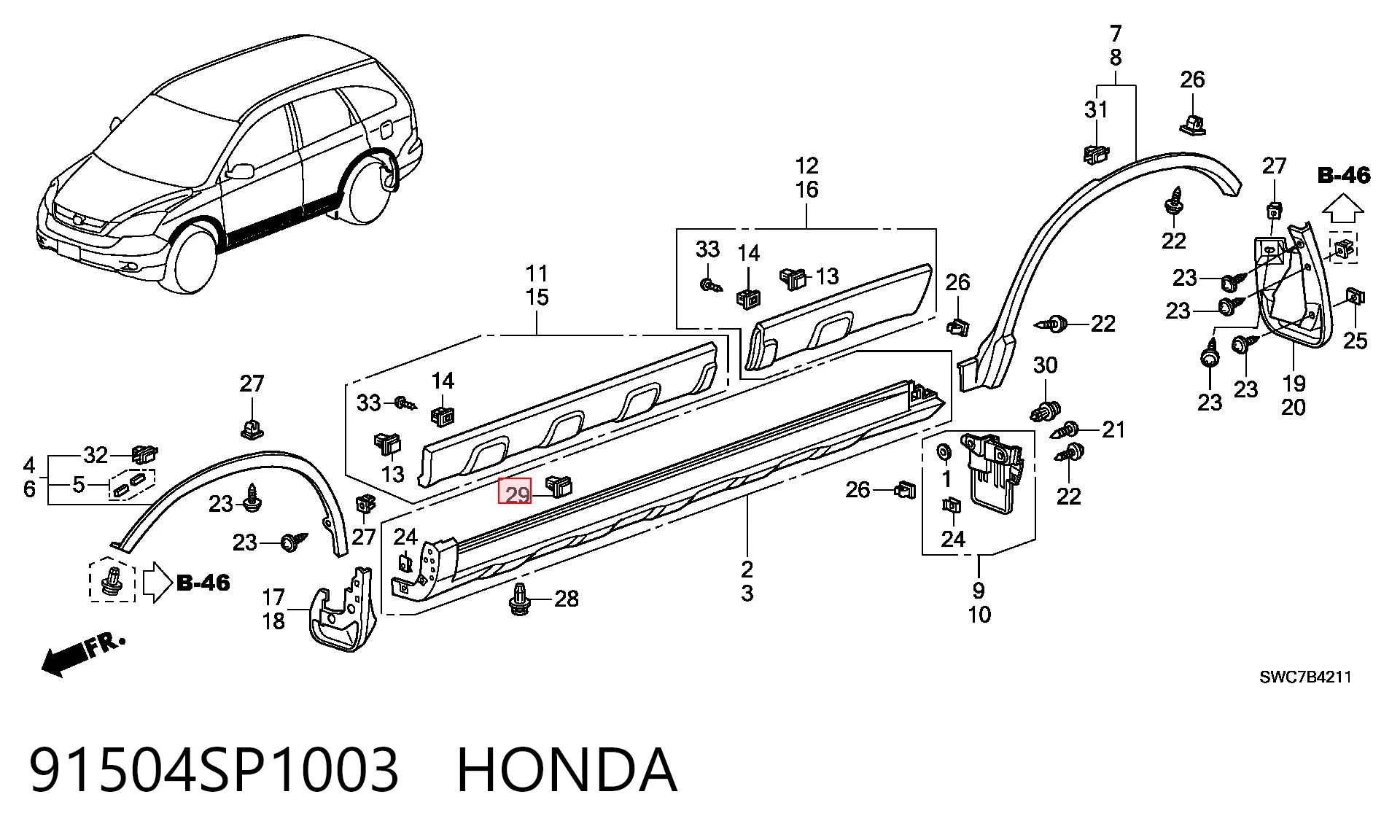 91504SP1003 Honda Clip de sujeción de moldura de estribo