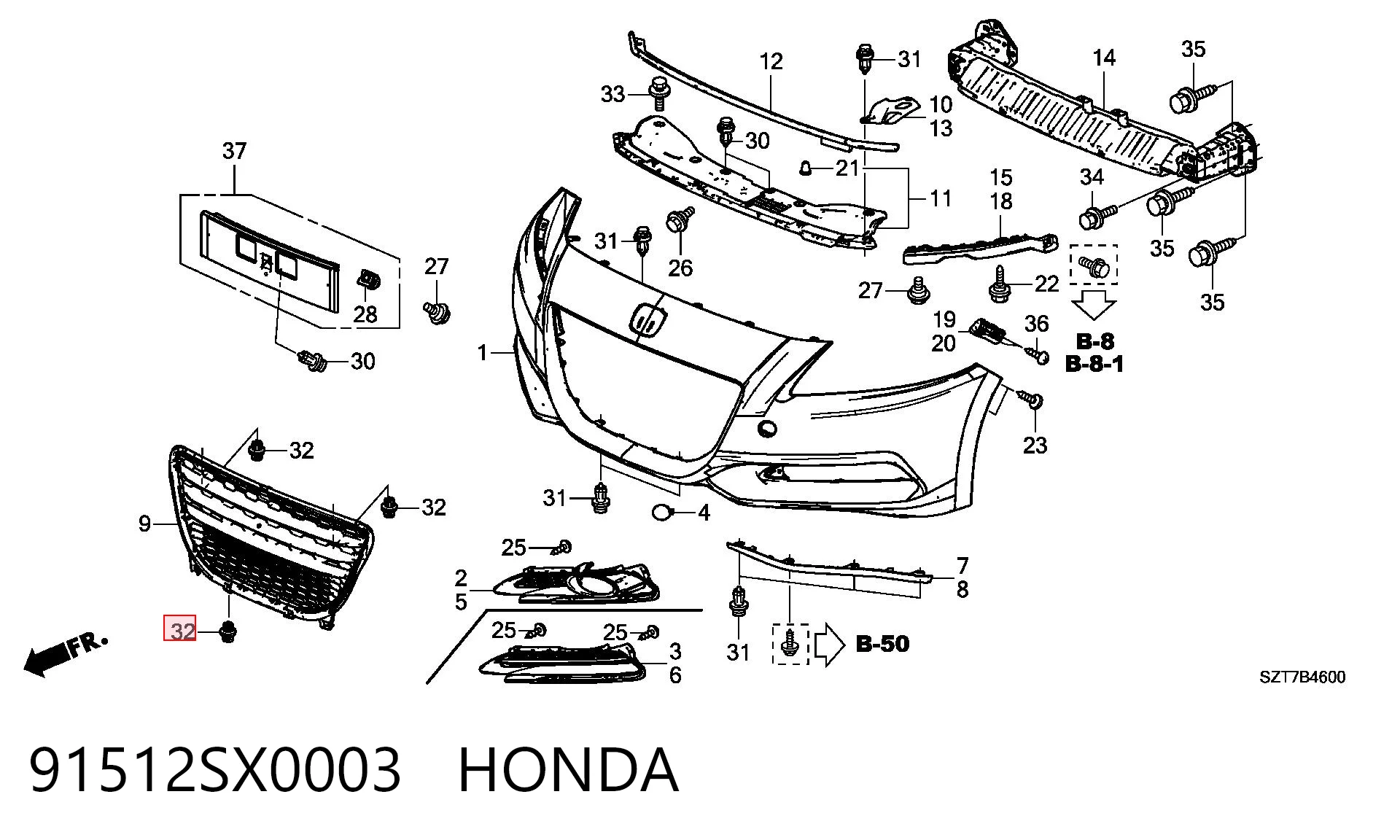 91512SX0003 Honda Clip de fijación del guardabarros delantero