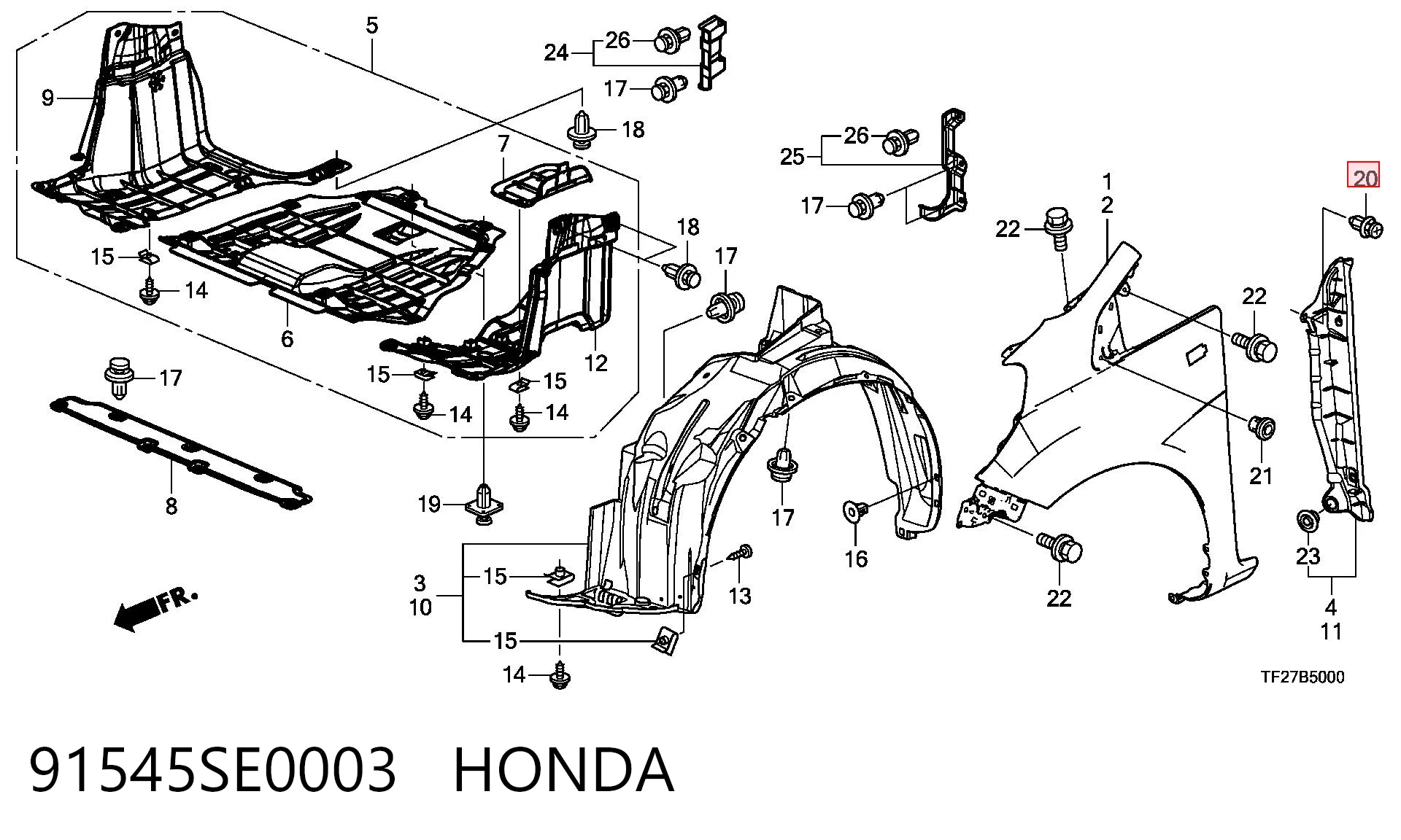 91545SE0003 Honda Clips de montaje parachoques delantero