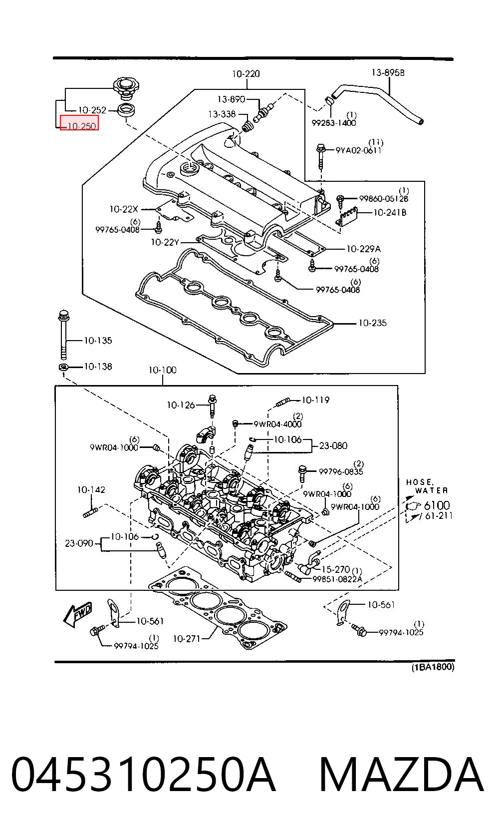 045310250A Mazda Tapa, tubuladura de relleno de aceite