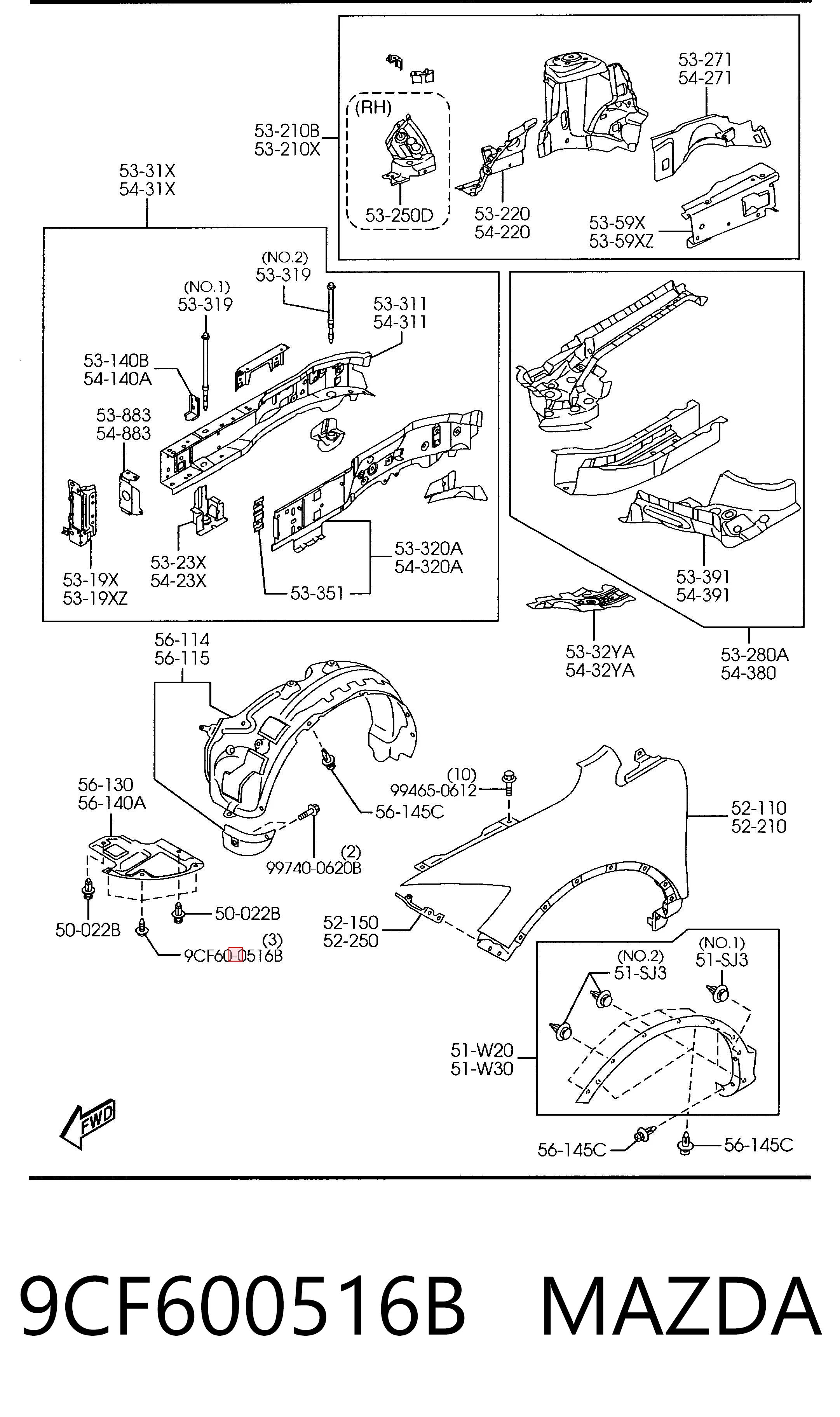 9CF600516B Mazda Clips de montaje parachoques delantero