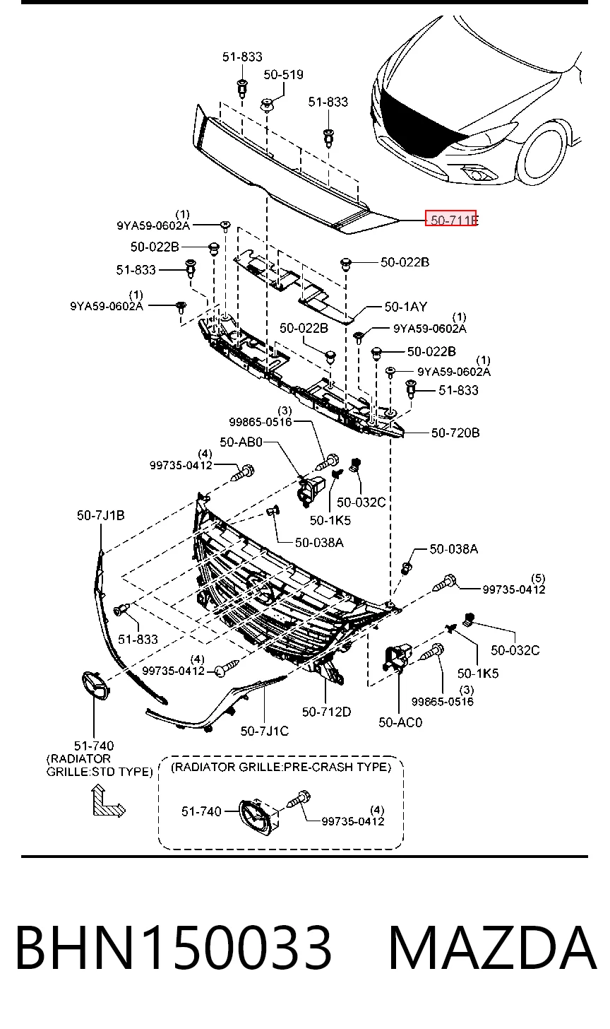 Moldura superior de la parrilla del radiador BHN150033 MAZDA