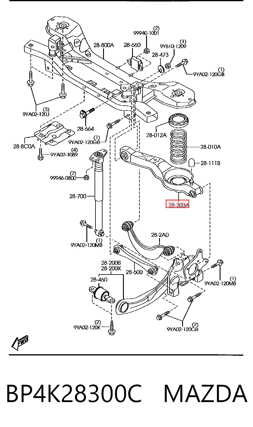 Brazo inferior trasero izquierdo/derecho BP4K28300C MAZDA