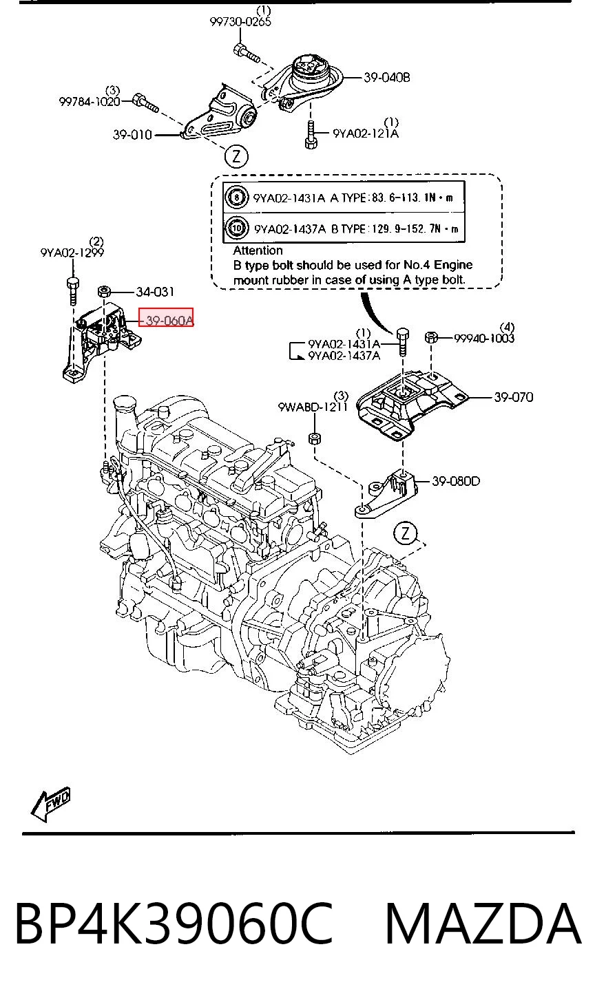 Soporte de motor derecho BP4K39060C MAZDA