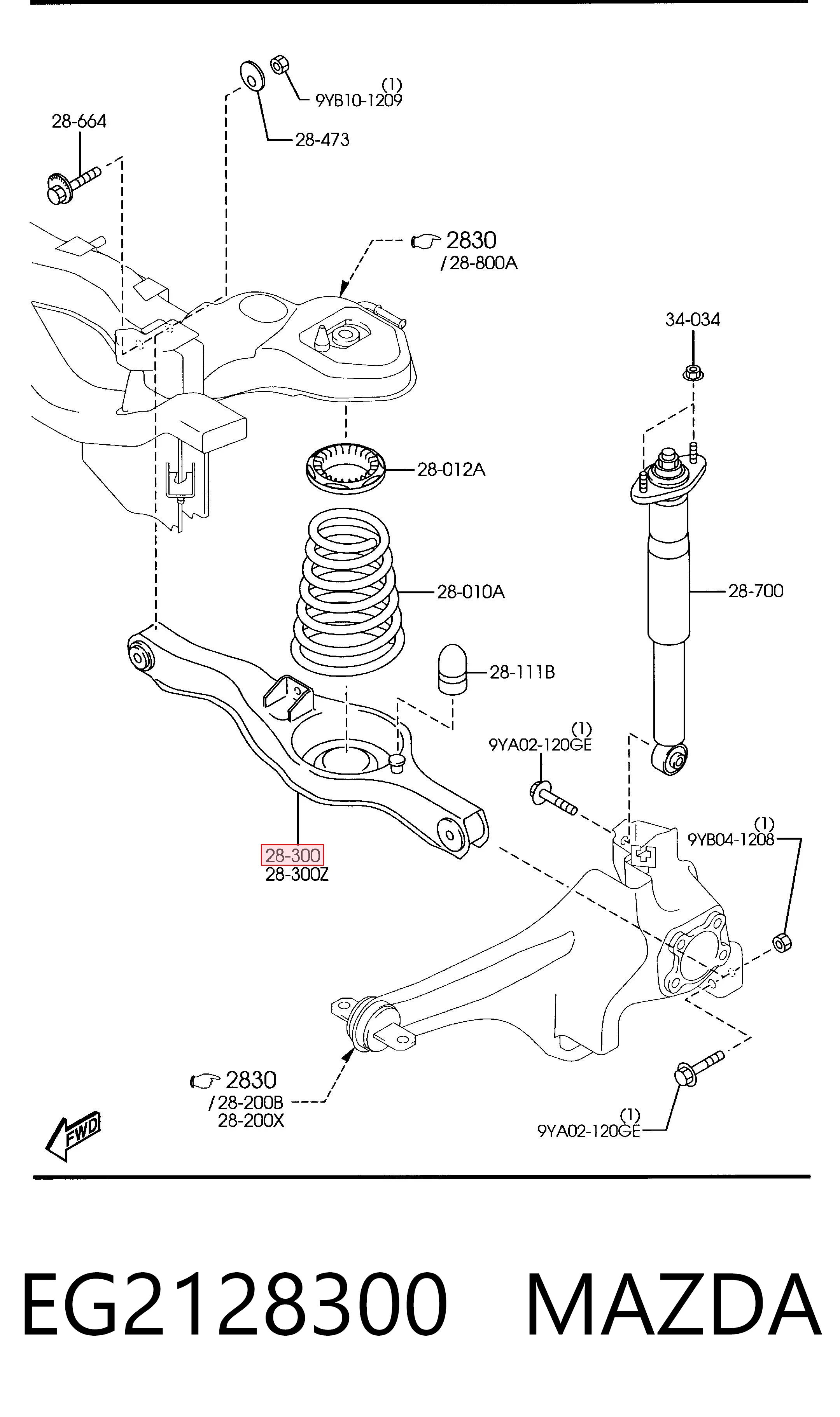 Brazo inferior derecho de la suspensión trasera EG2128300 MAZDA