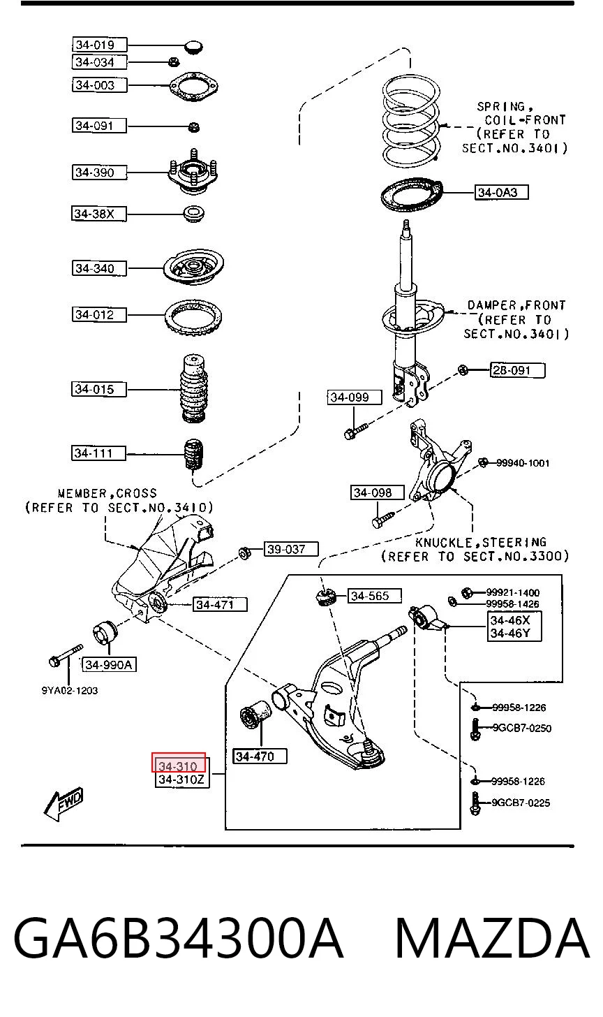Brazo inferior derecho de la suspensión delantera GA6B34300A MAZDA
