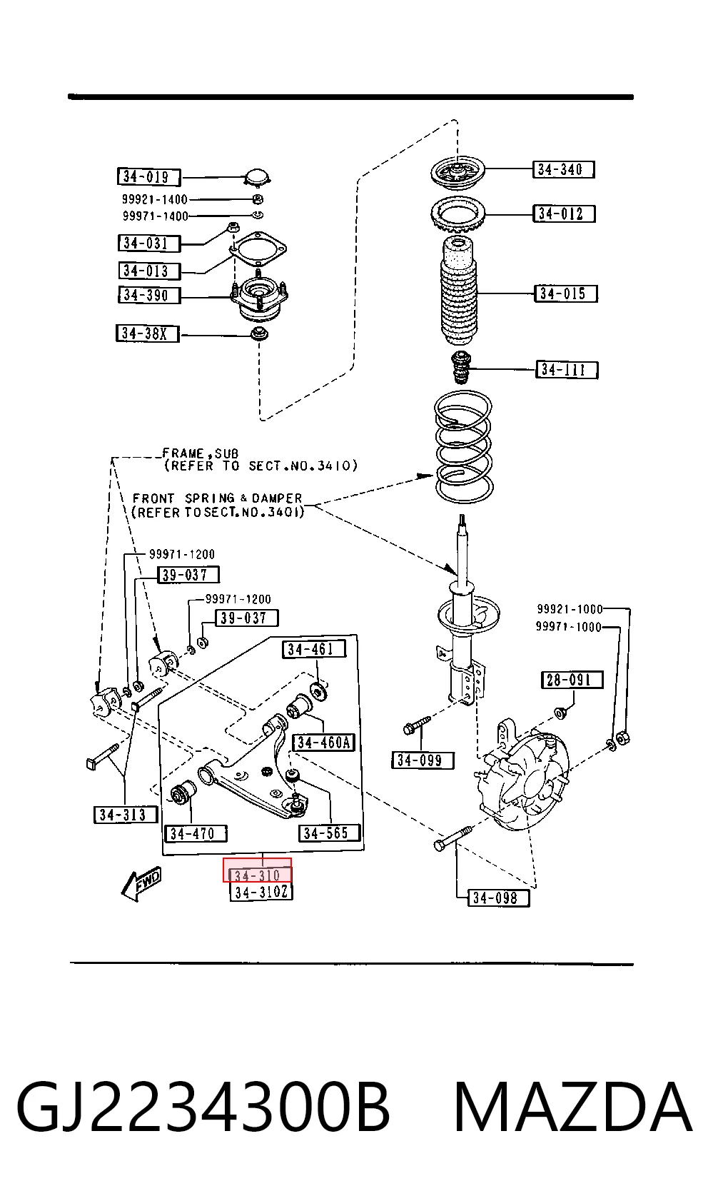 Brazo inferior derecho de la suspensión delantera GJ2234300B MAZDA