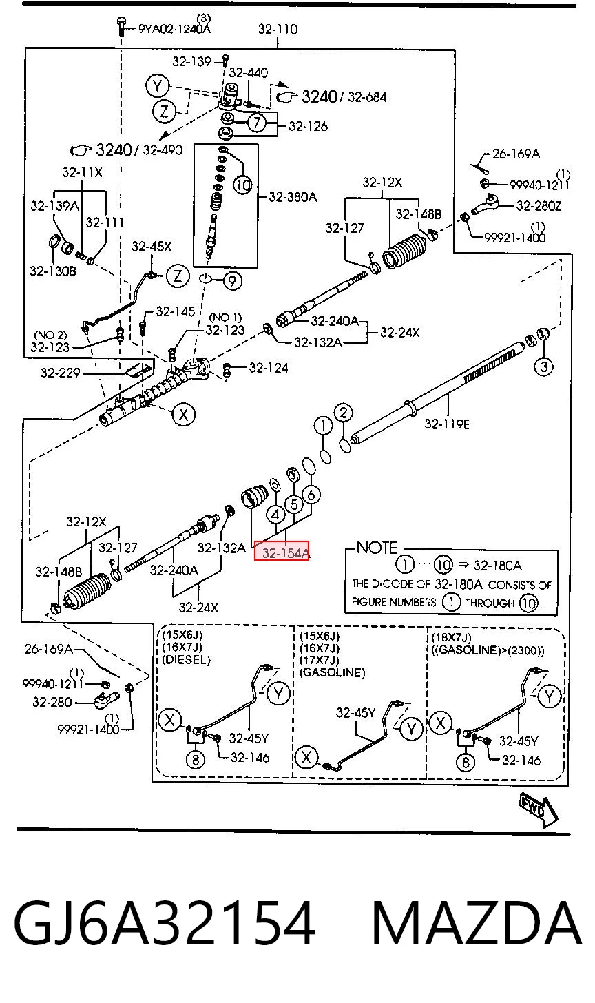 Casquillo del eje de la cremallera de dirección GJ6A32154 MAZDA
