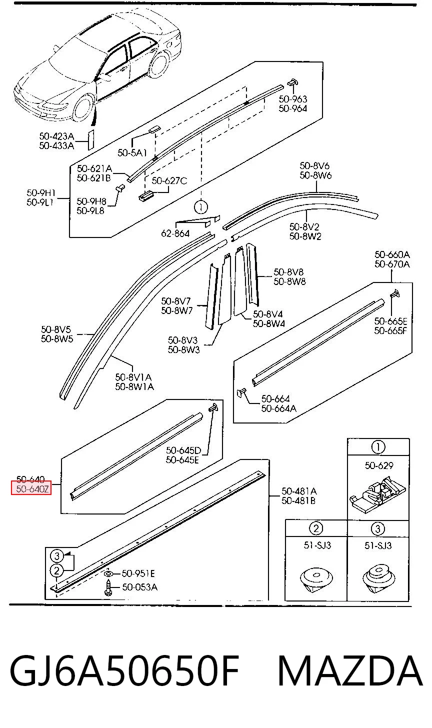Moldura de cristal de la puerta delantera izquierda GJ6A50650F MAZDA
