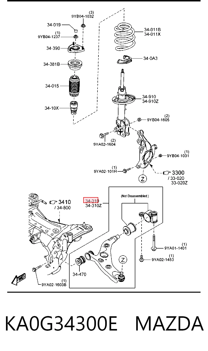 Brazo inferior derecho de la suspensión delantera KA0G34300E MAZDA
