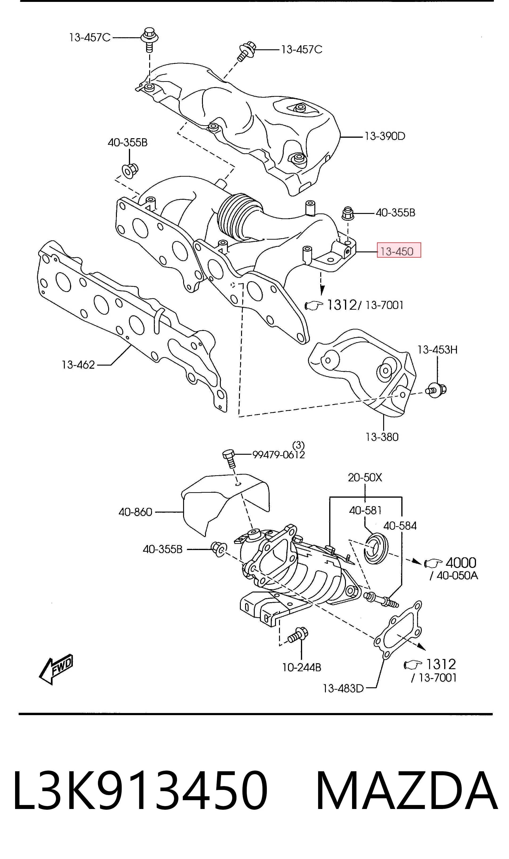 Colector de escape L3K913450 MAZDA