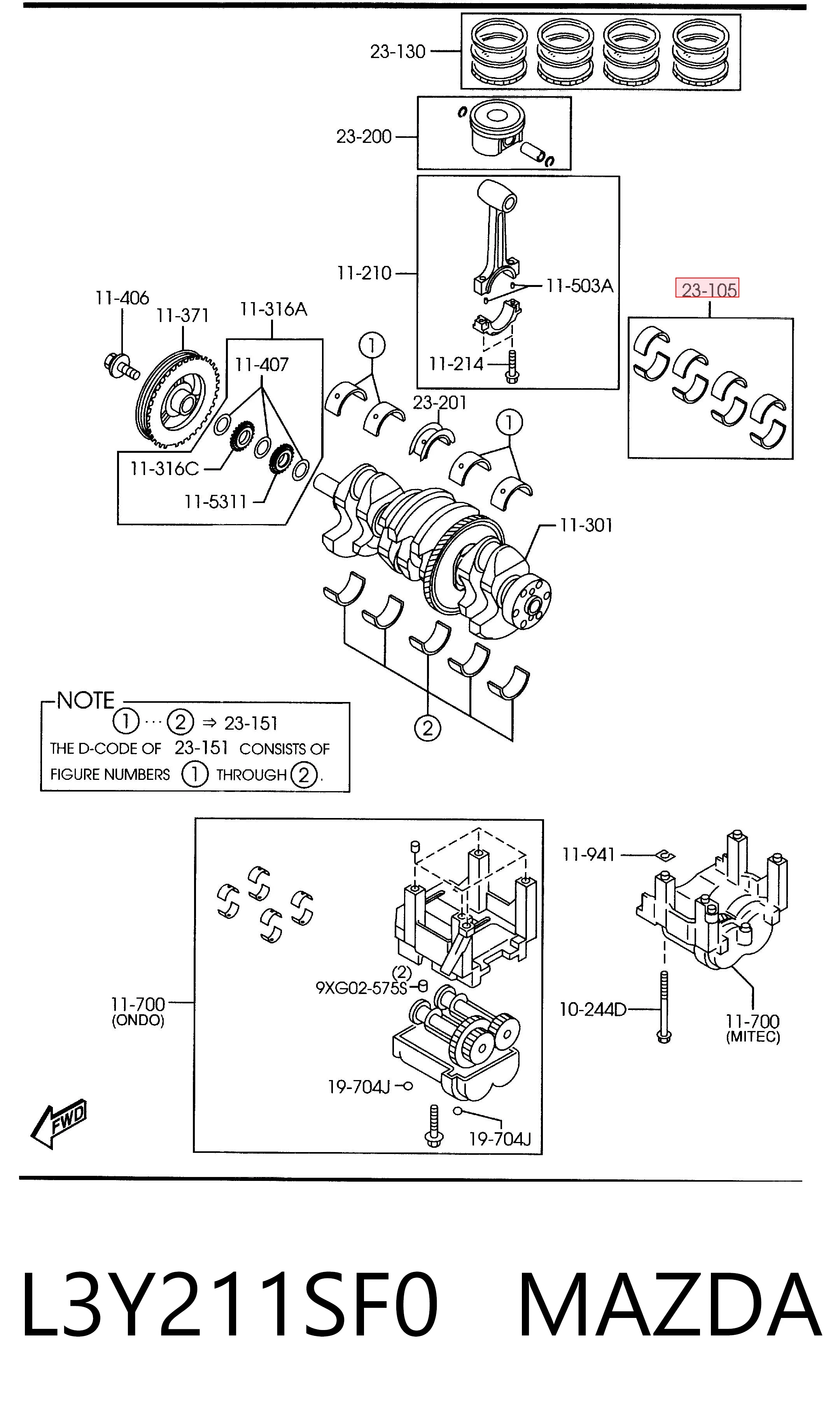 Juego de cojinetes de cigüeñal, cota de reparación (+0,25 mm) L3Y211SF0 MAZDA