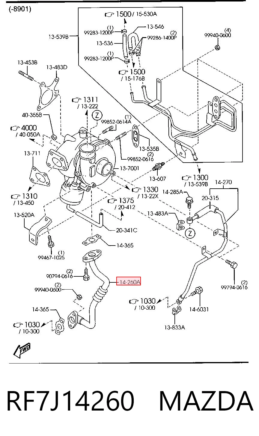 Tubo de drenaje de aceite de turbocompresor RF7J14260 MAZDA