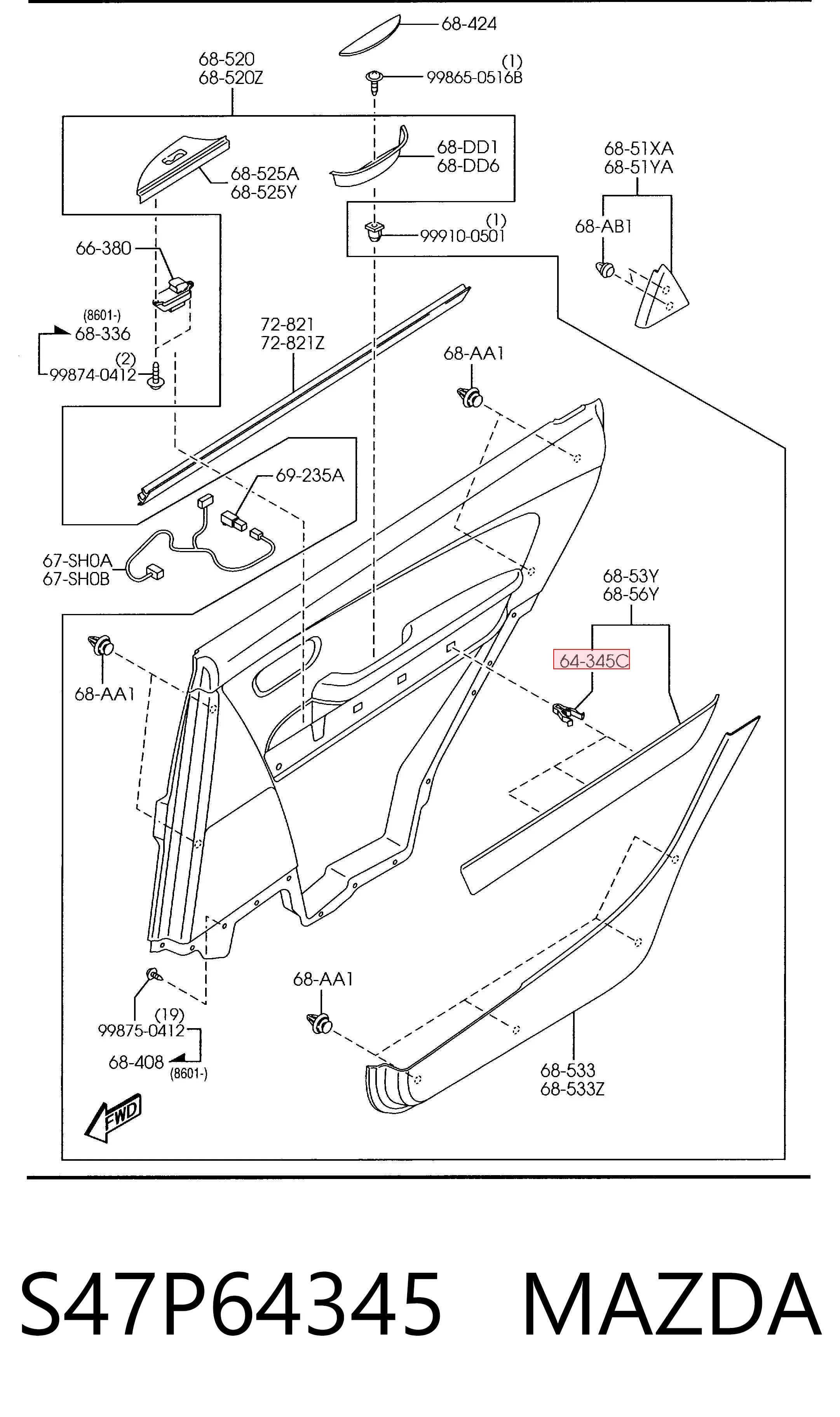 S47P64345 Mazda Clip de fijación del guardabarros delantero
