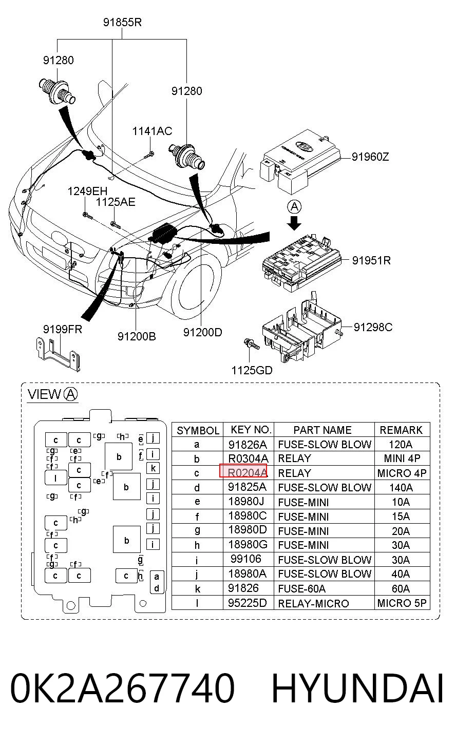 0K2A267740 Hyundai/Kia Caja de fusibles trasera interior