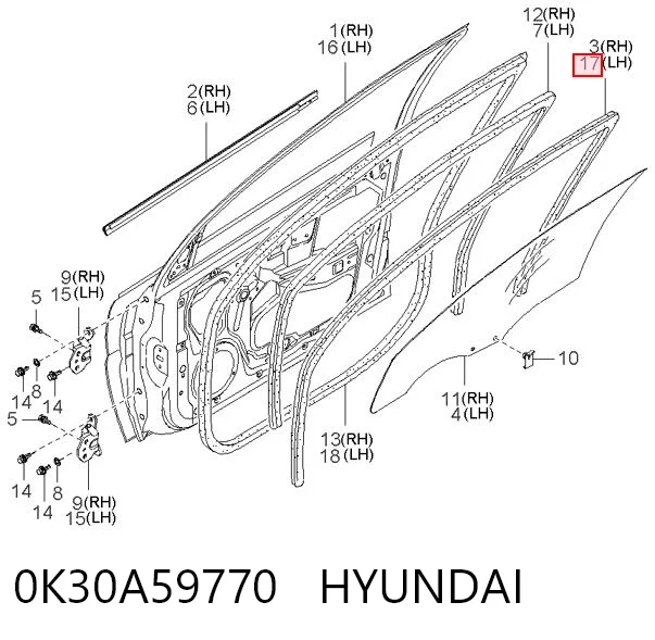 Junta de puerta delantera izquierda (en carrocería) 0K30A59770 HYUNDAI
