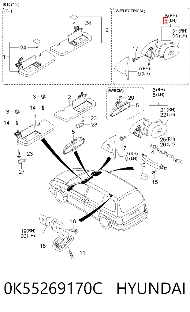 Espejo retrovisor izquierdo para KIA Carnival I UP