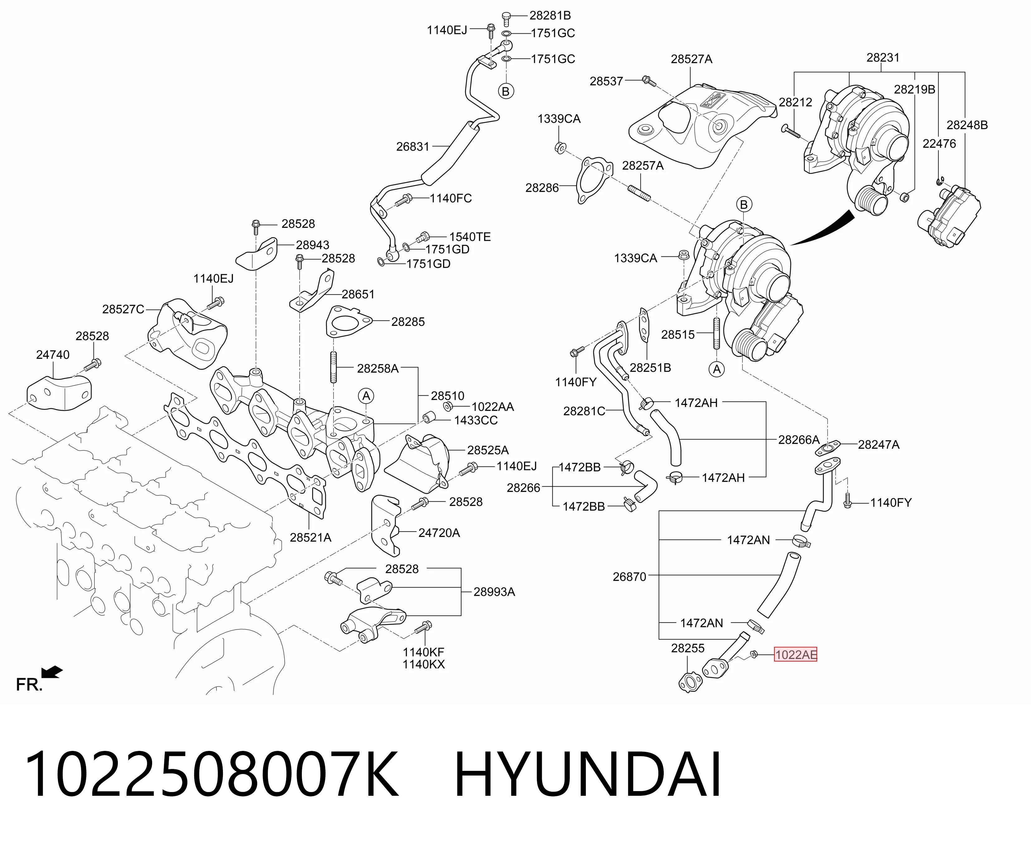 1022508007K Hyundai/Kia Tuerca de fijación del tubo de escape